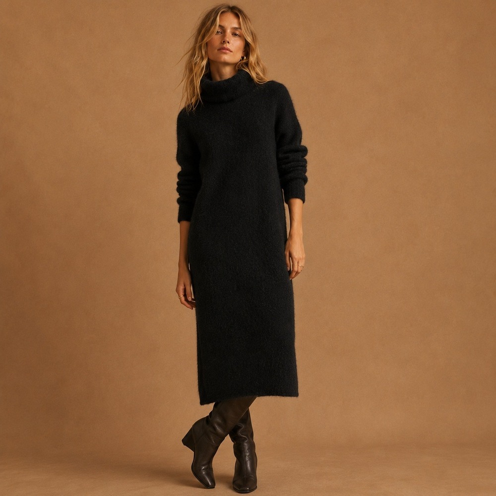 Banana Republic Black Fuzzy Cowl Neck Midi Sweater Dress Sz M